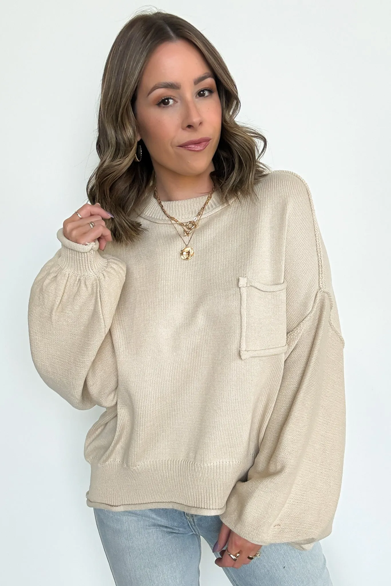 Saylor Balloon Sleeve Relaxed Knit Pocket Sweater