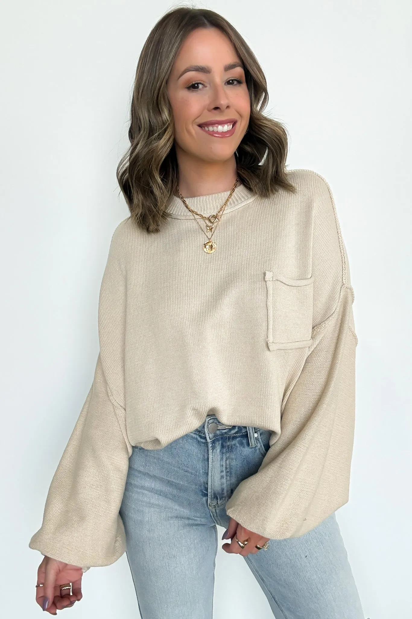 Saylor Balloon Sleeve Relaxed Knit Pocket Sweater