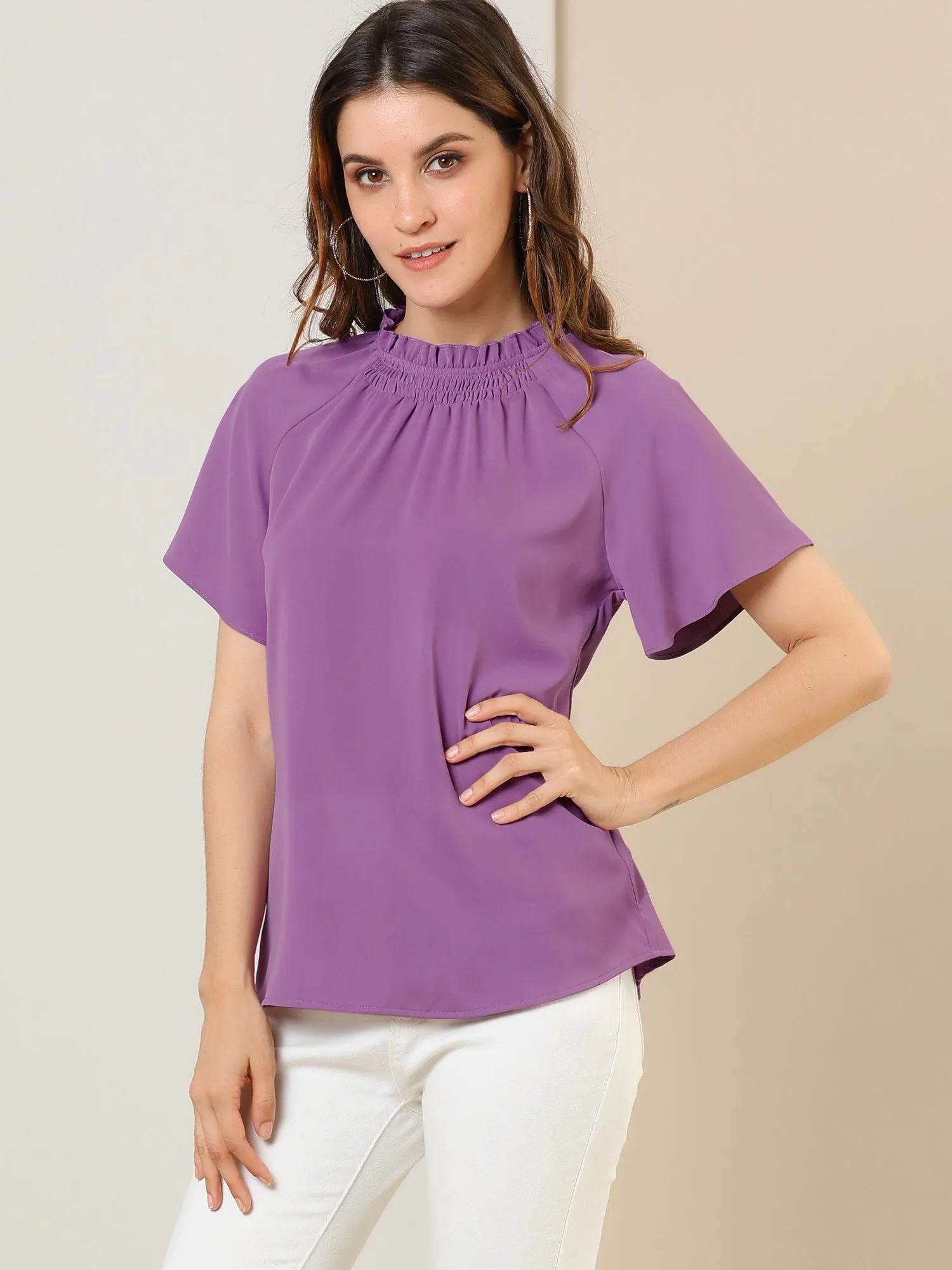 Short Sleeve Blouse Casual Business Pleated Mock Neck Tops