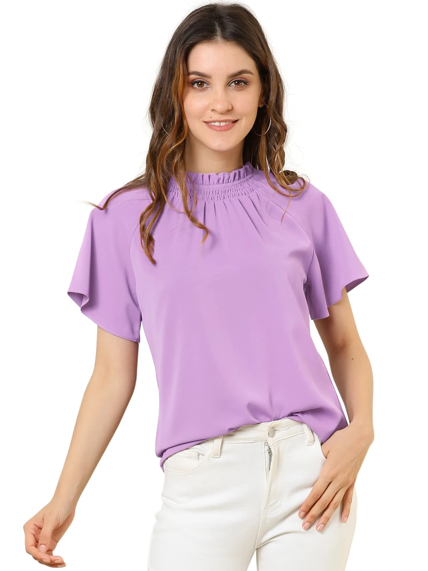 Short Sleeve Blouse Casual Business Pleated Mock Neck Tops