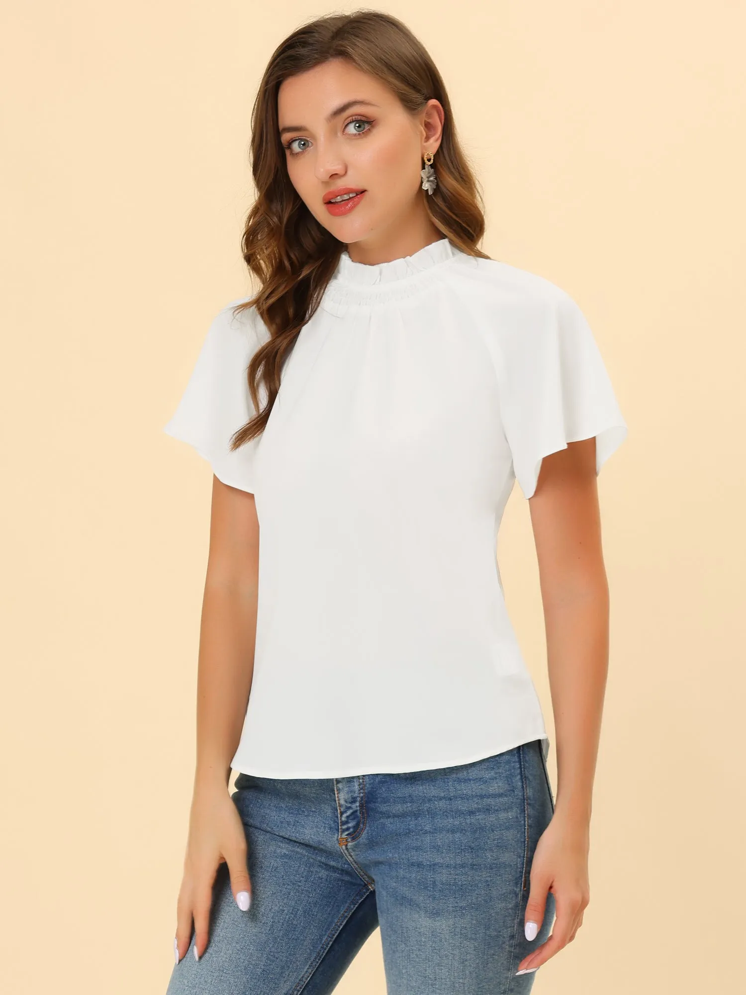 Short Sleeve Blouse Casual Business Pleated Mock Neck Tops