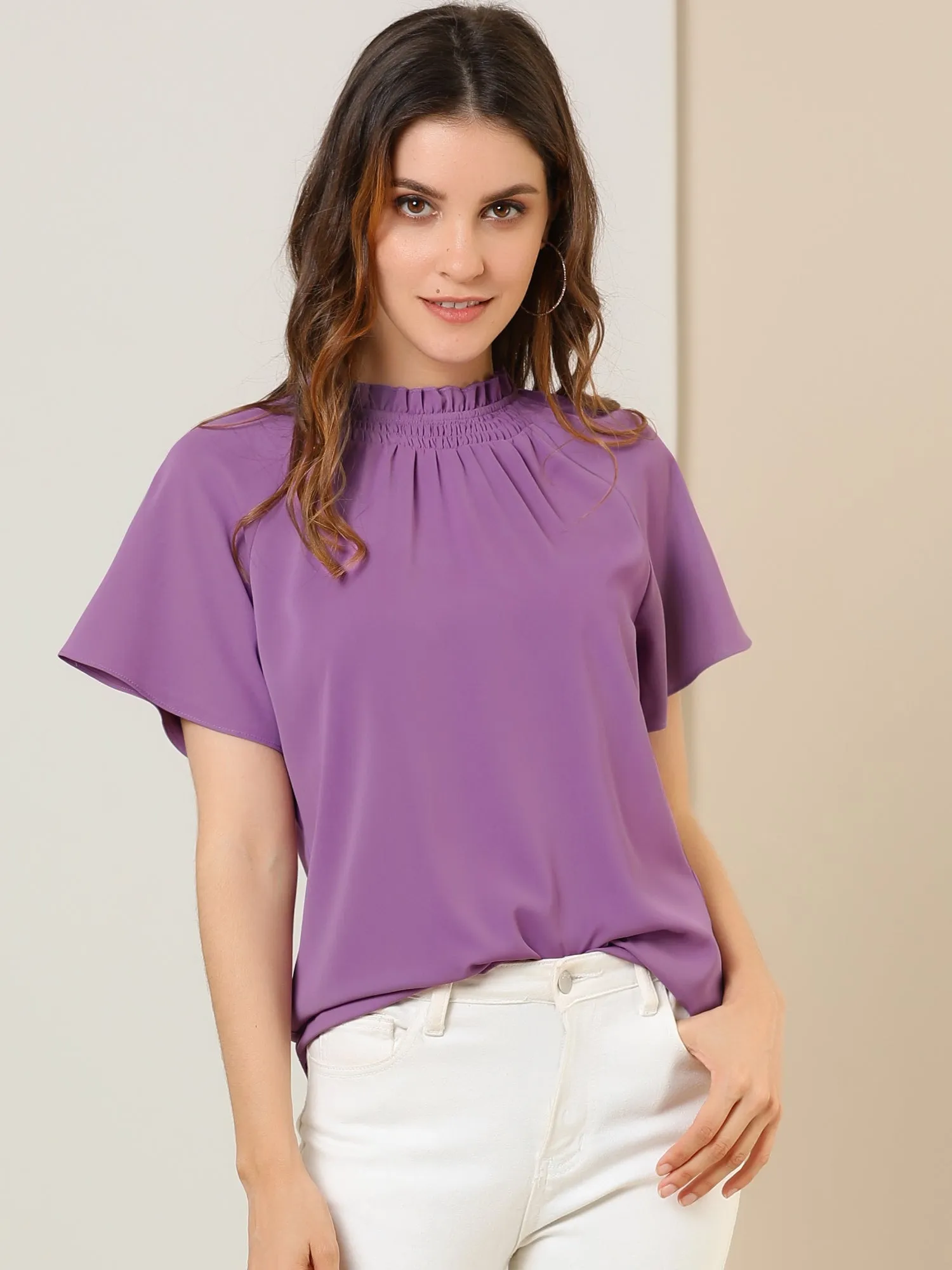 Short Sleeve Blouse Casual Business Pleated Mock Neck Tops