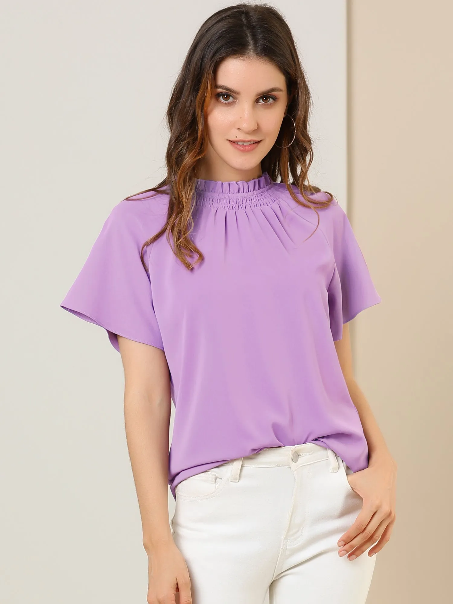 Short Sleeve Blouse Casual Business Pleated Mock Neck Tops