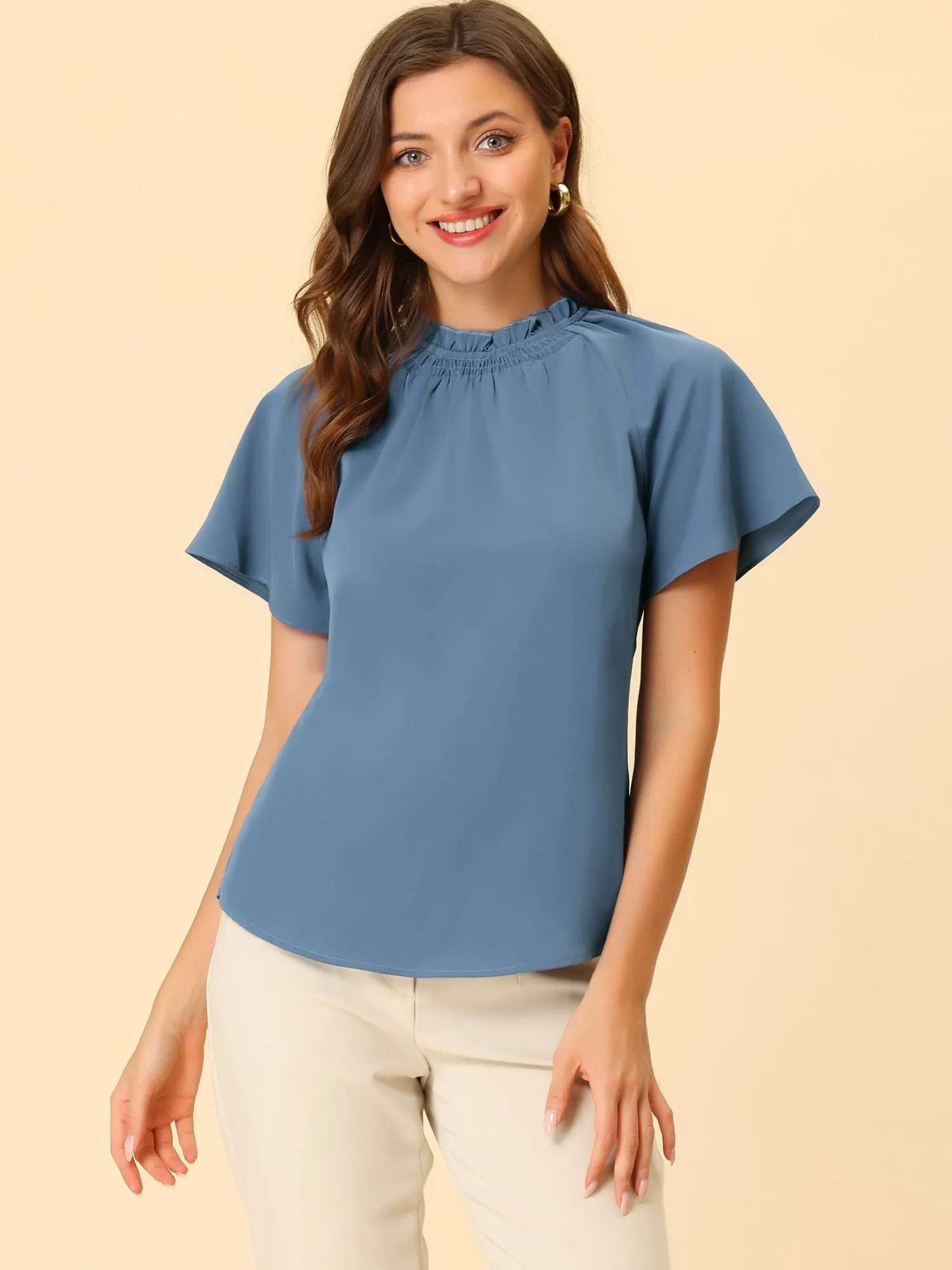 Short Sleeve Blouse Casual Business Pleated Mock Neck Tops