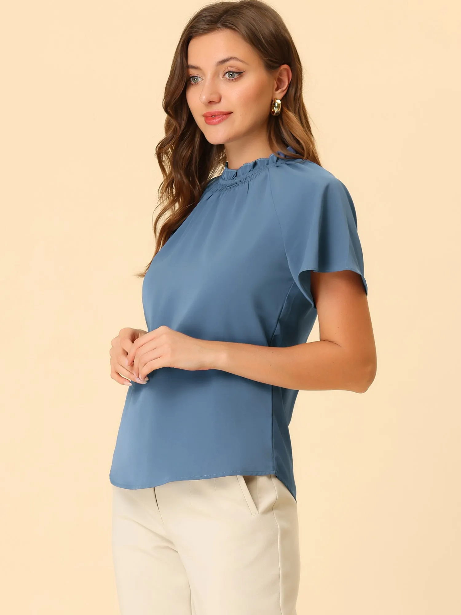 Short Sleeve Blouse Casual Business Pleated Mock Neck Tops