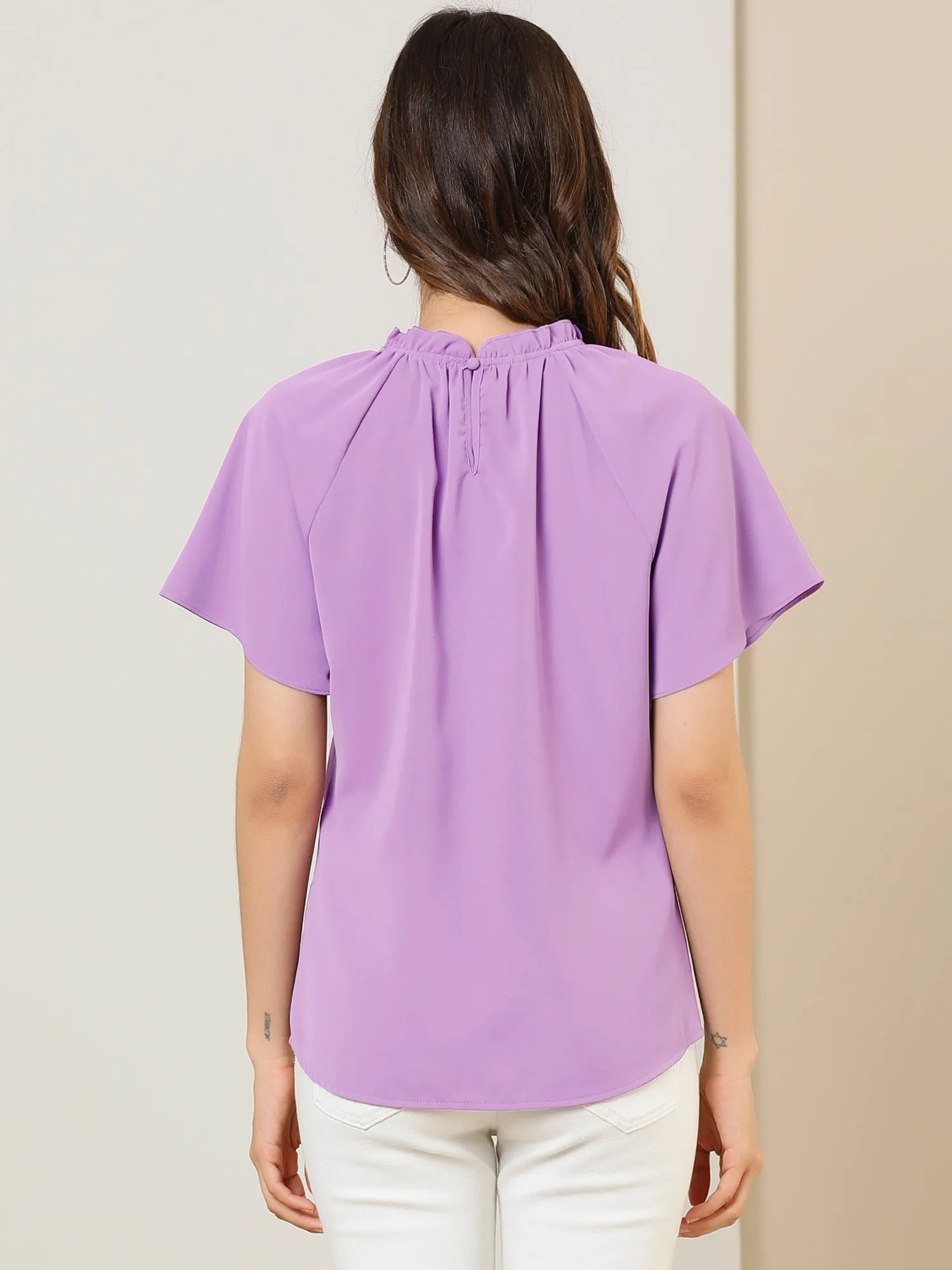 Short Sleeve Blouse Casual Business Pleated Mock Neck Tops