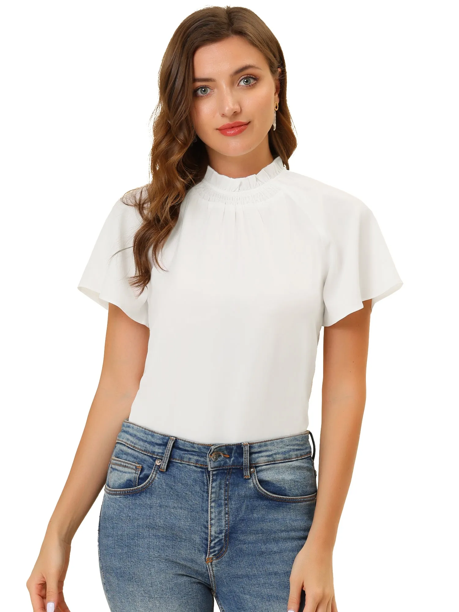 Short Sleeve Blouse Casual Business Pleated Mock Neck Tops