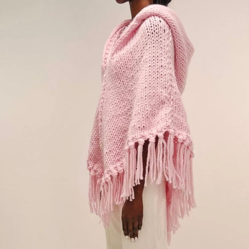 Short Wool Hooded Poncho - Strawberry Pink