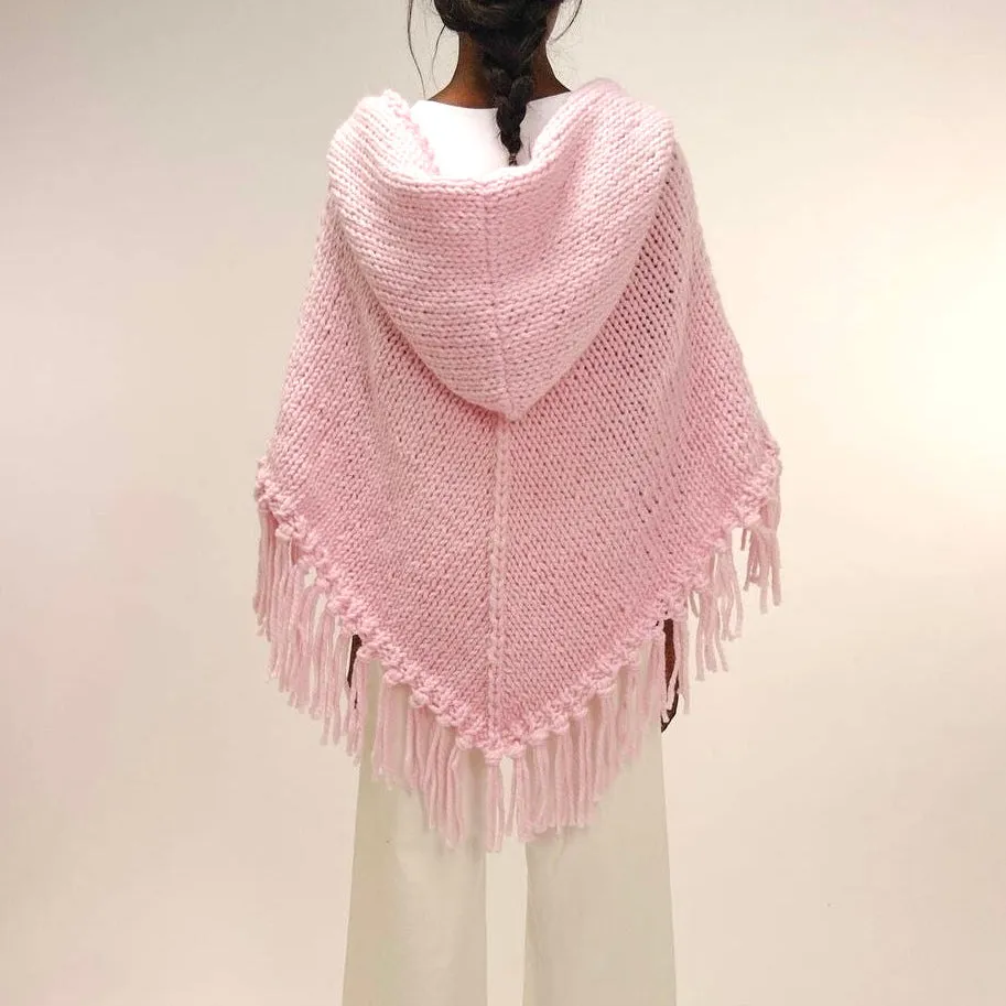 Short Wool Hooded Poncho - Strawberry Pink