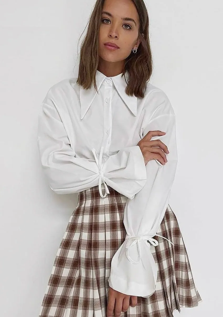 Sophisticated Vibes Ribbon Cinched Sleeves White Blouse