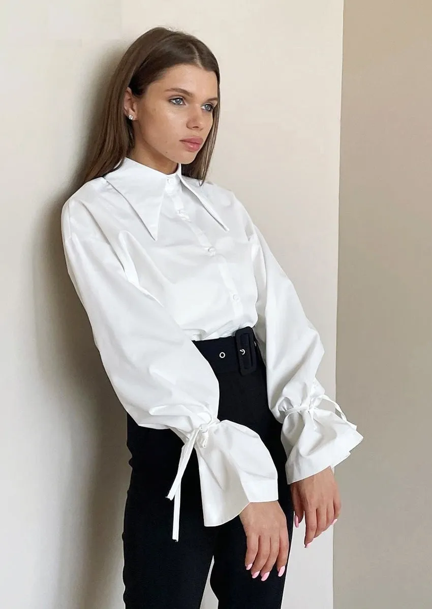 Sophisticated Vibes Ribbon Cinched Sleeves White Blouse