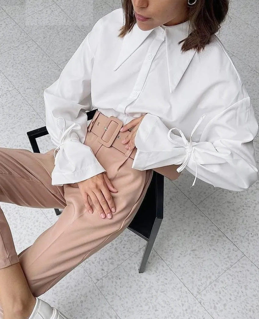 Sophisticated Vibes Ribbon Cinched Sleeves White Blouse