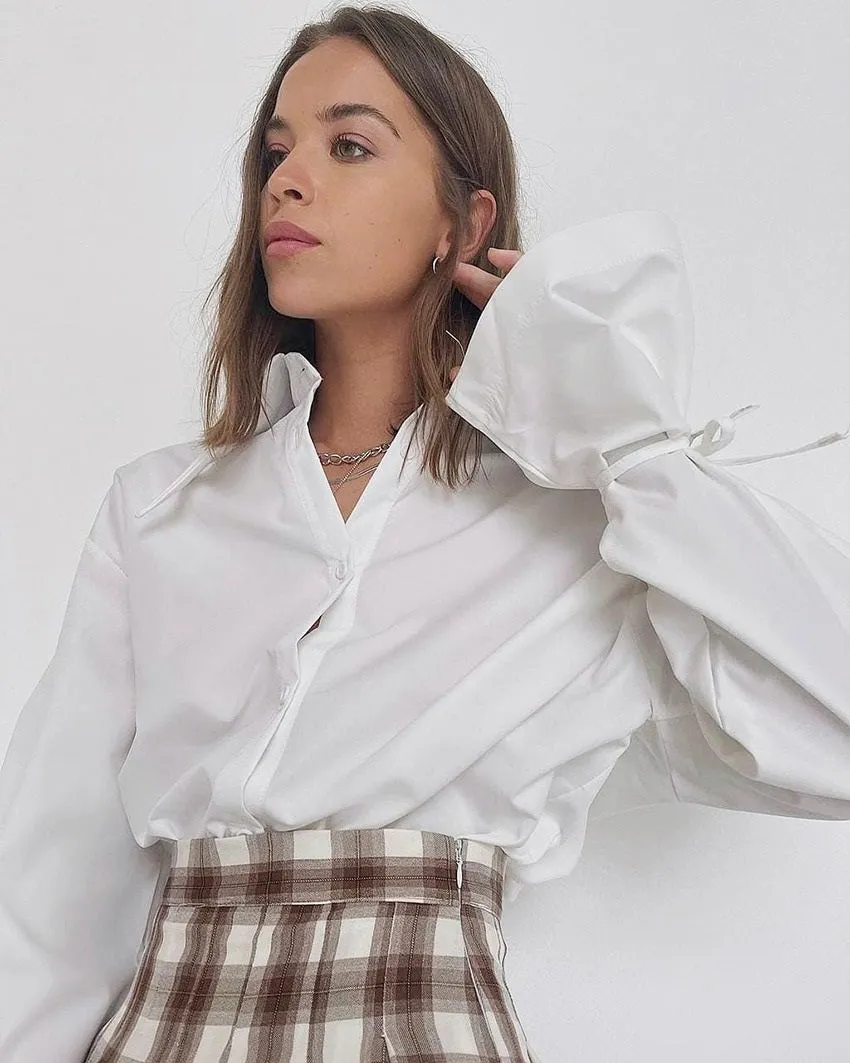 Sophisticated Vibes Ribbon Cinched Sleeves White Blouse