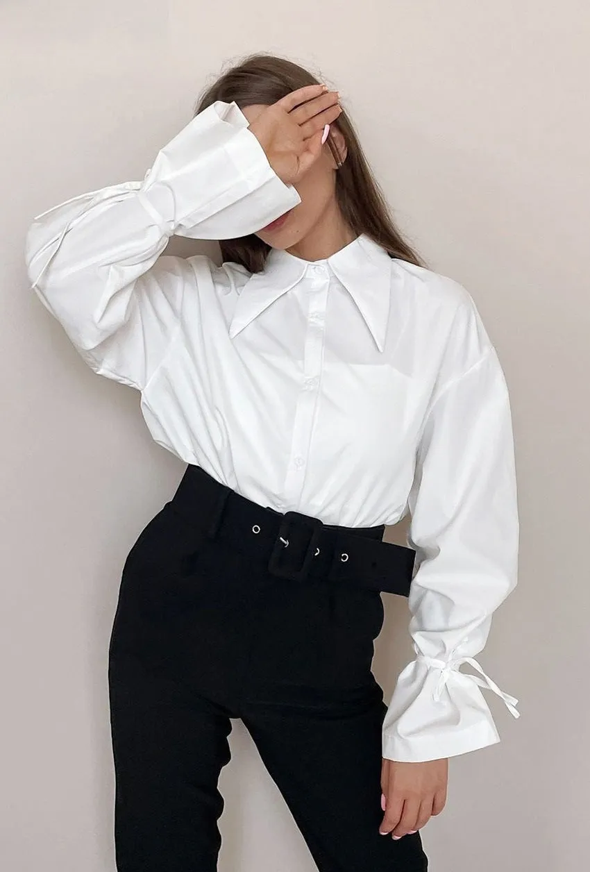 Sophisticated Vibes Ribbon Cinched Sleeves White Blouse