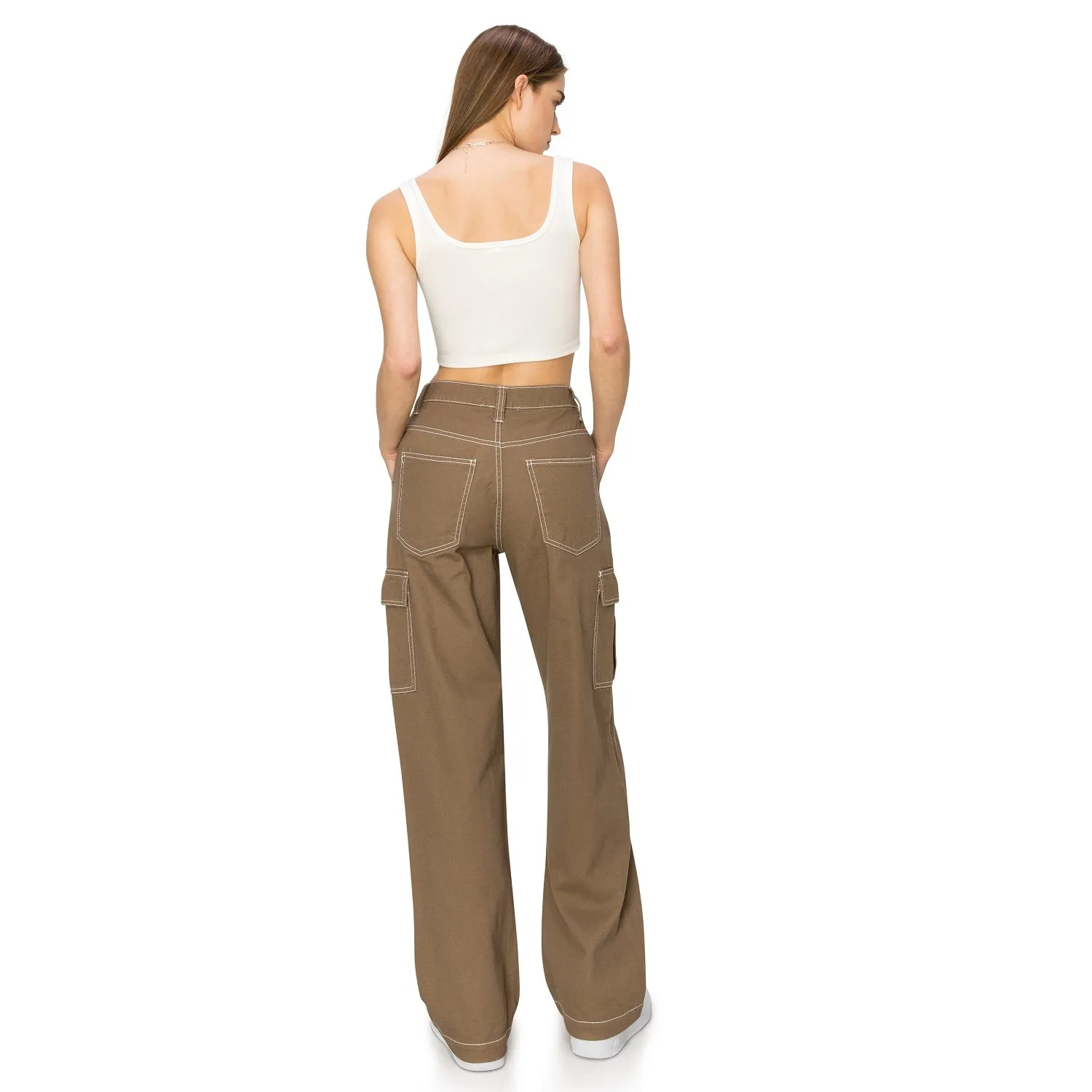 Straight Leg Stitch Cargo Pants - Light Brown