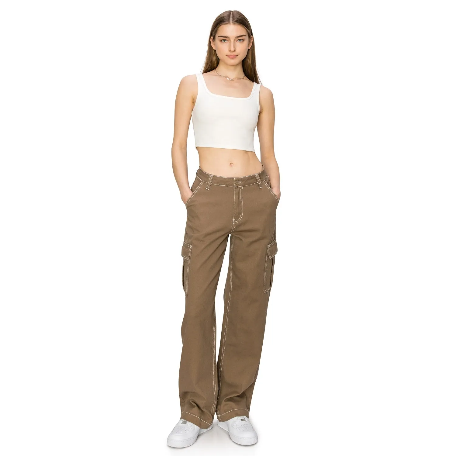 Straight Leg Stitch Cargo Pants - Light Brown