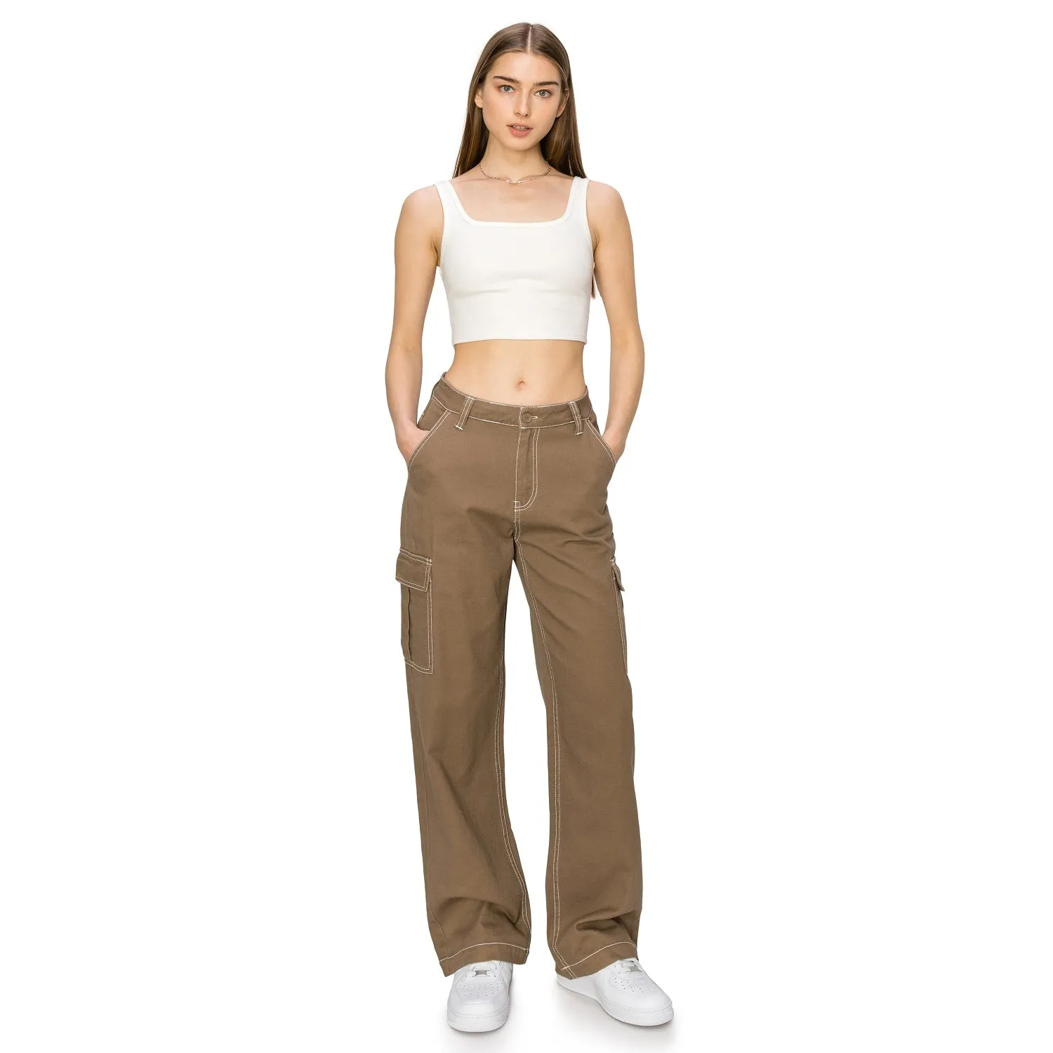 Straight Leg Stitch Cargo Pants - Light Brown