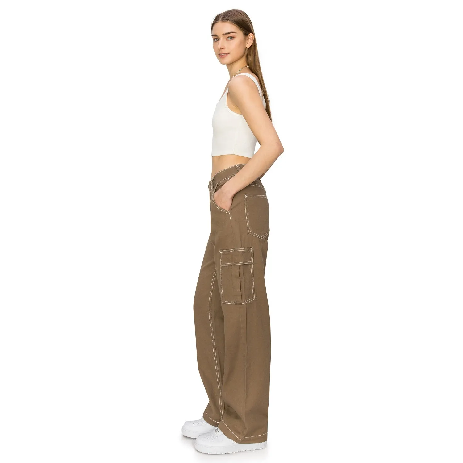 Straight Leg Stitch Cargo Pants - Light Brown