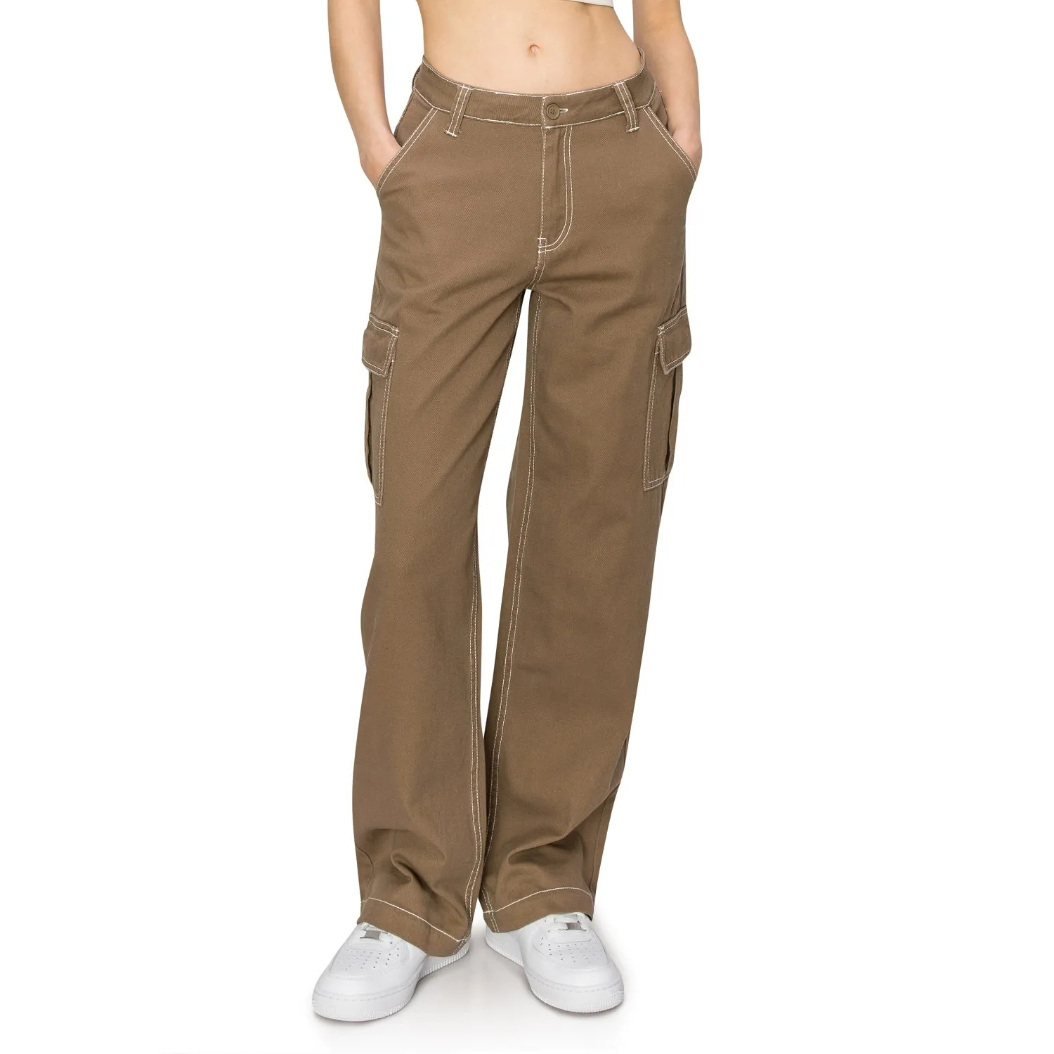 Straight Leg Stitch Cargo Pants - Light Brown