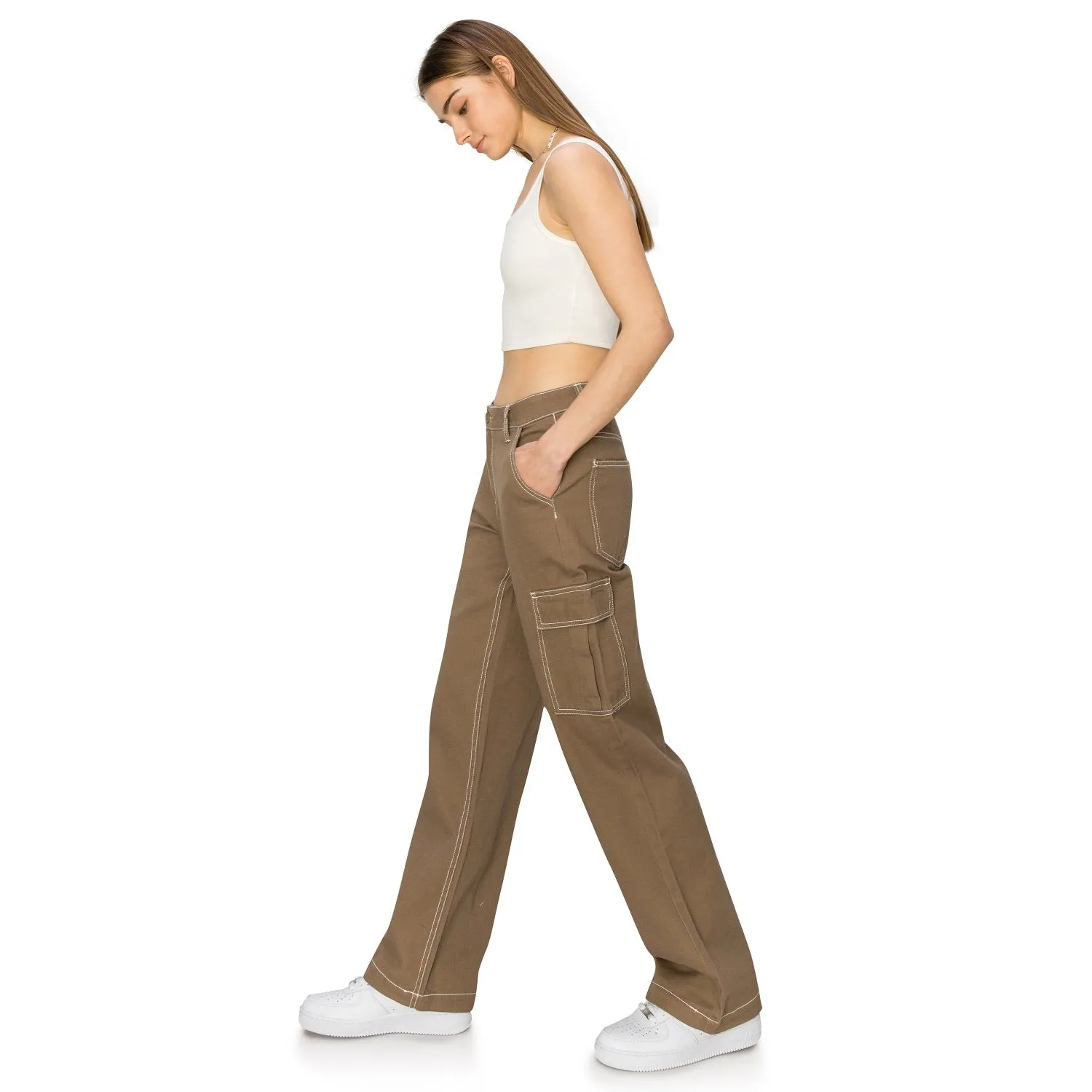 Straight Leg Stitch Cargo Pants - Light Brown