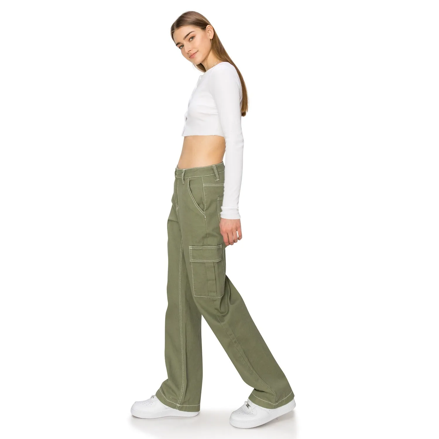 Straight Leg Stitch Cargo Pants - Olive