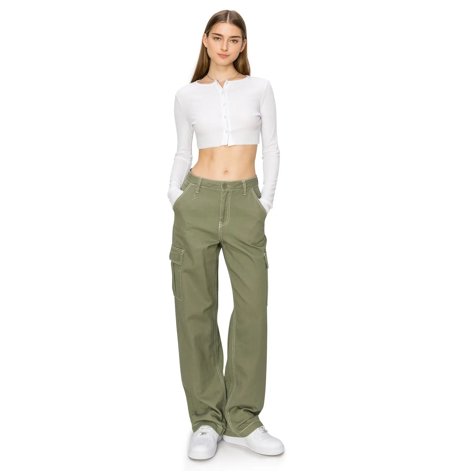 Straight Leg Stitch Cargo Pants - Olive