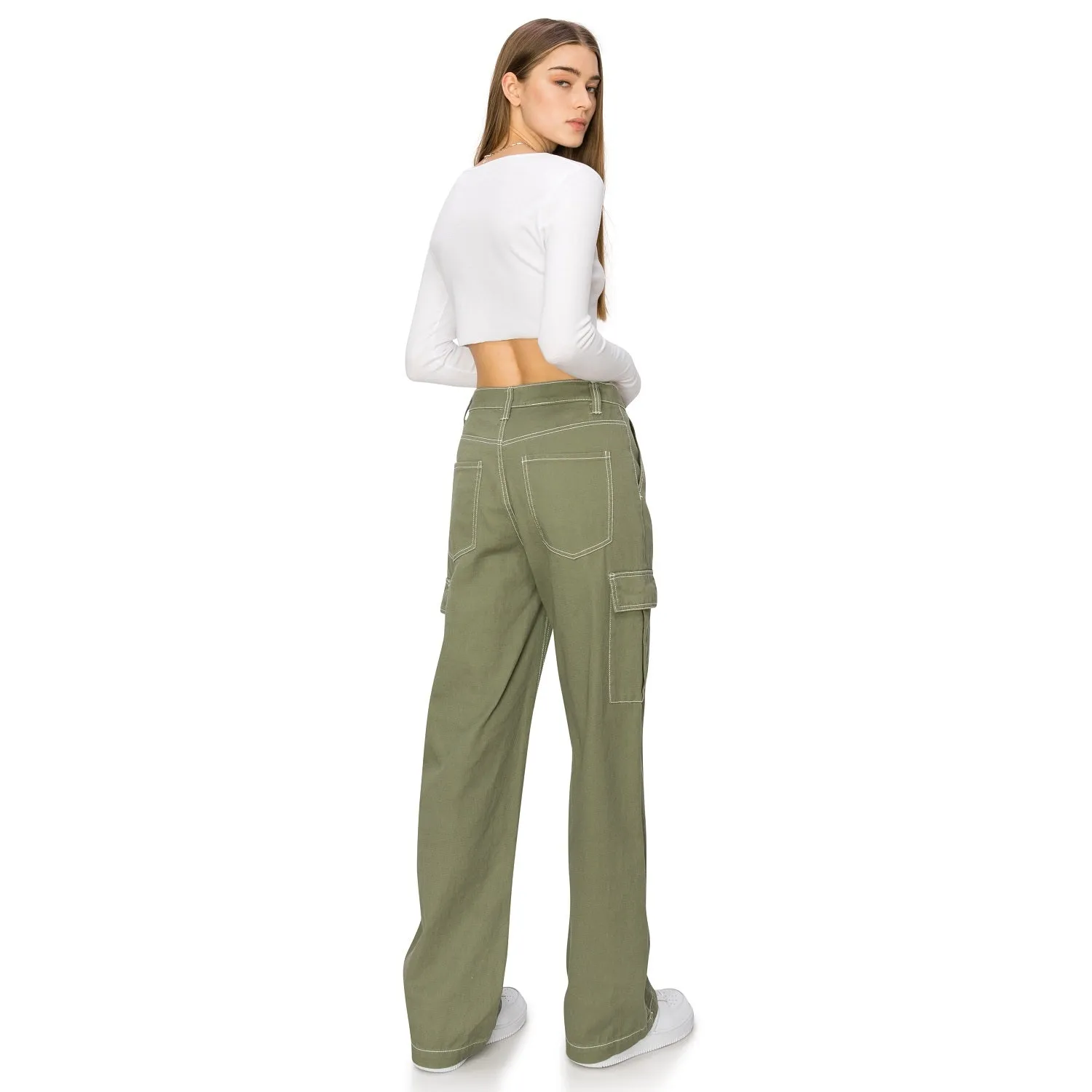 Straight Leg Stitch Cargo Pants - Olive