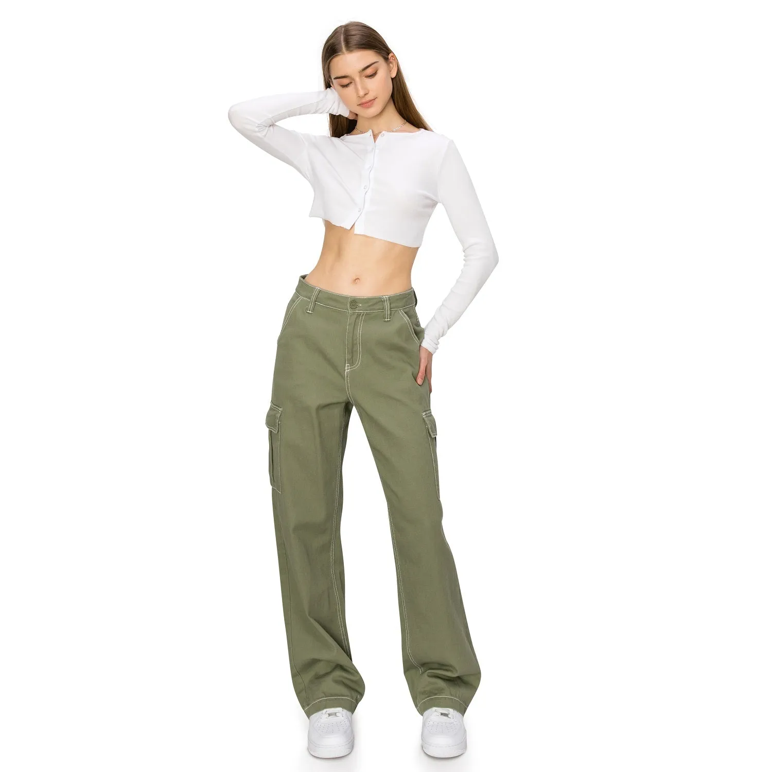 Straight Leg Stitch Cargo Pants - Olive