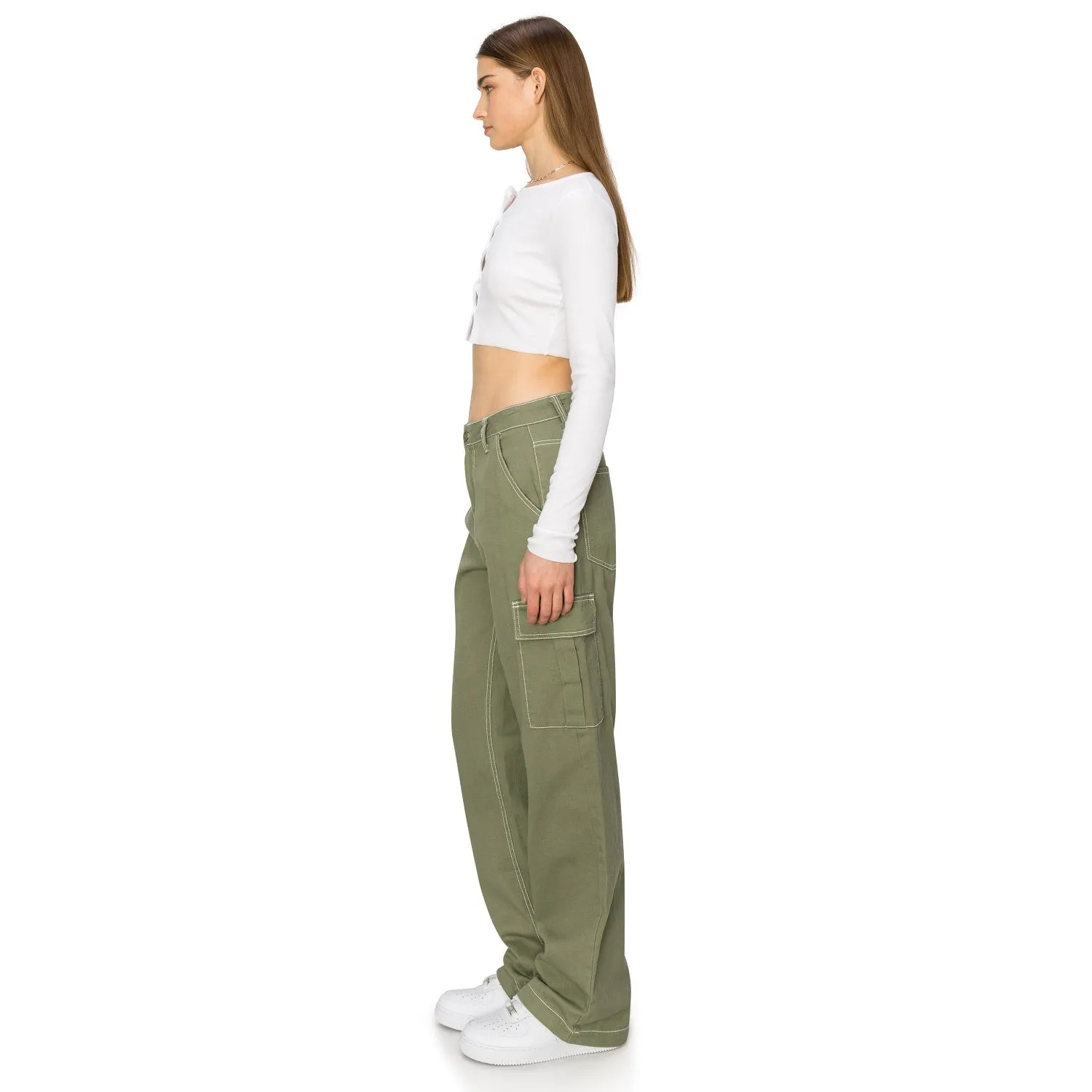 Straight Leg Stitch Cargo Pants - Olive