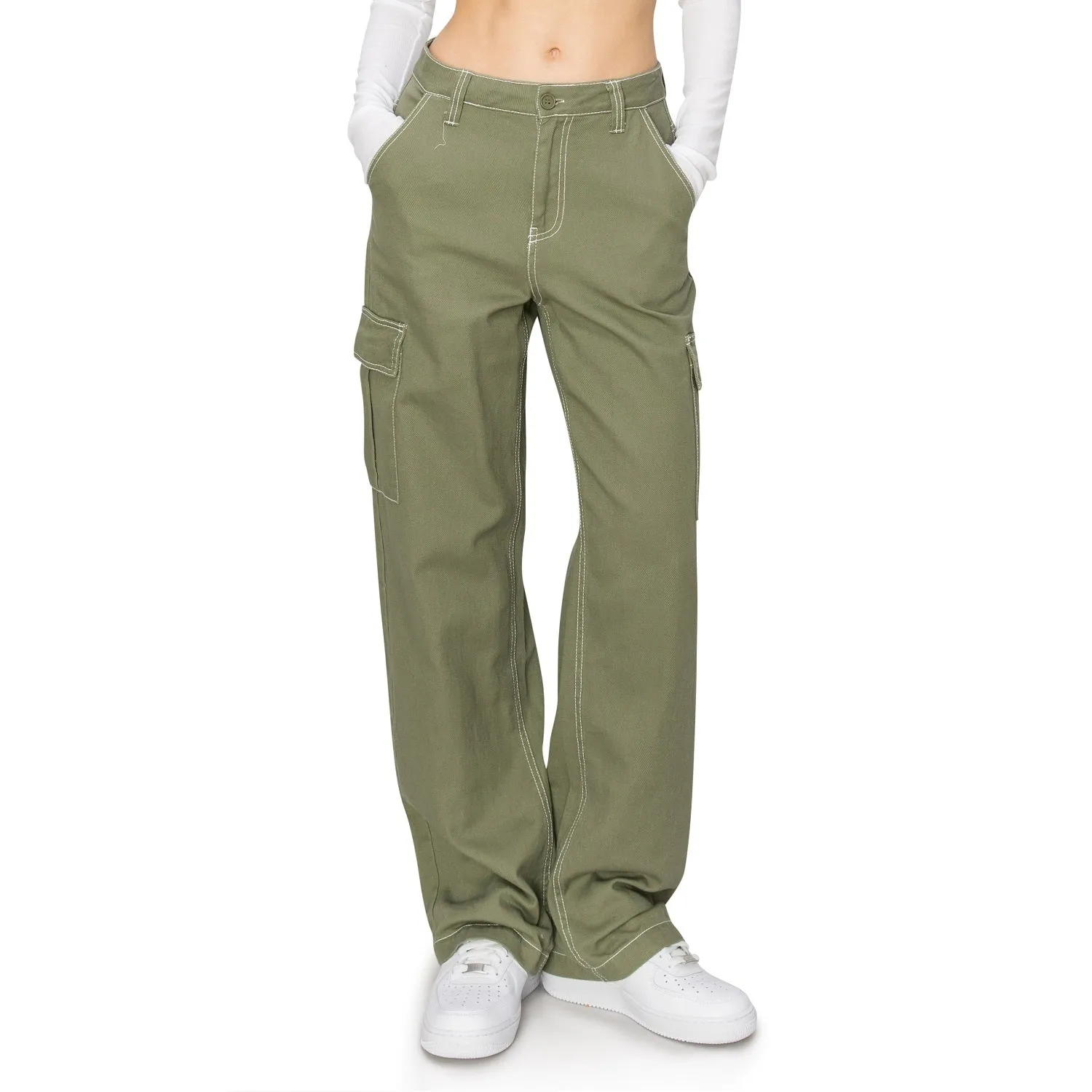 Straight Leg Stitch Cargo Pants - Olive