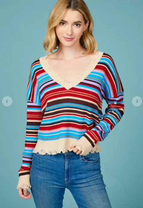 Striped Ribbed Distressed Sweater