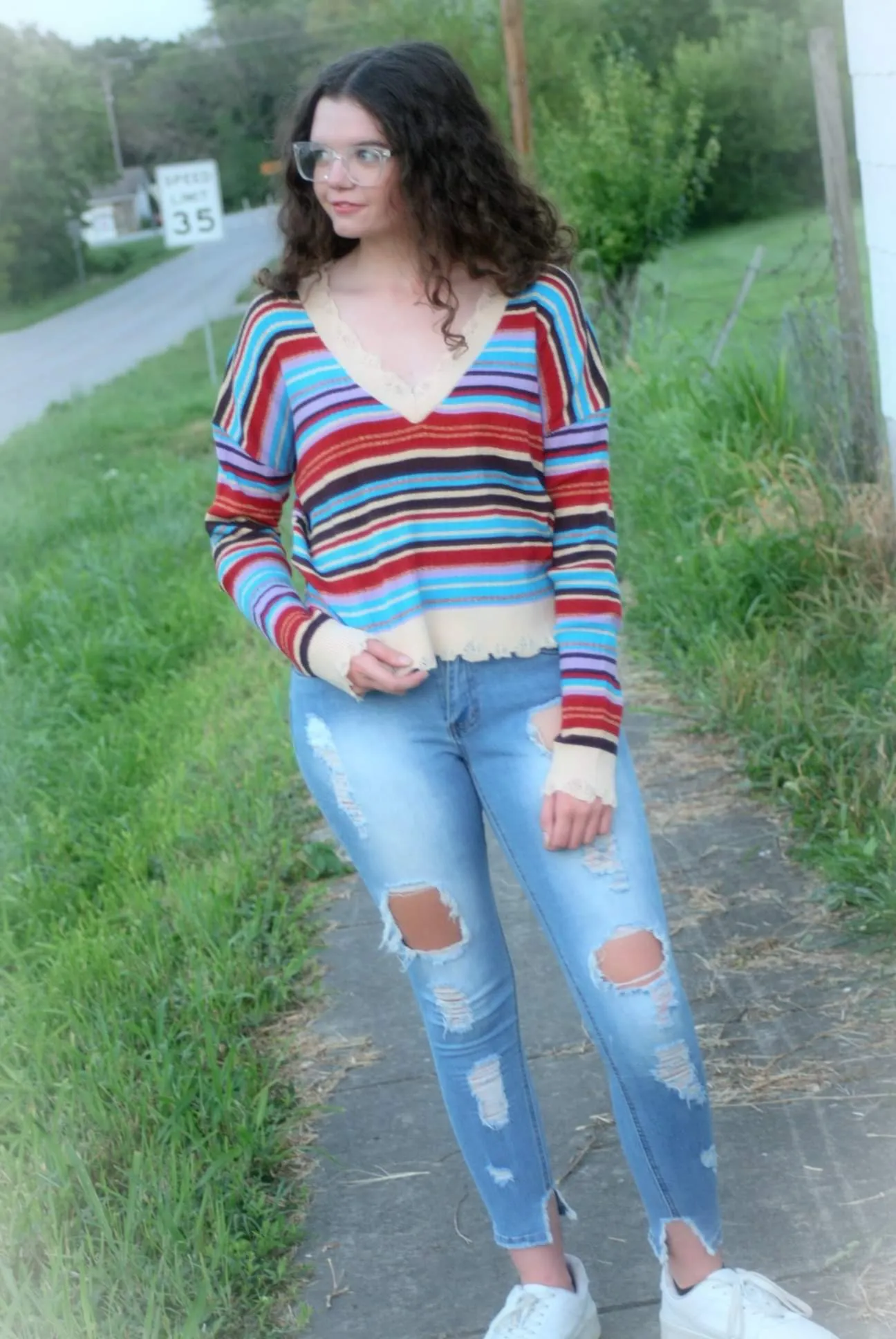 Striped Ribbed Distressed Sweater