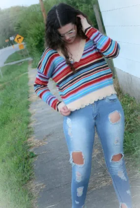 Striped Ribbed Distressed Sweater