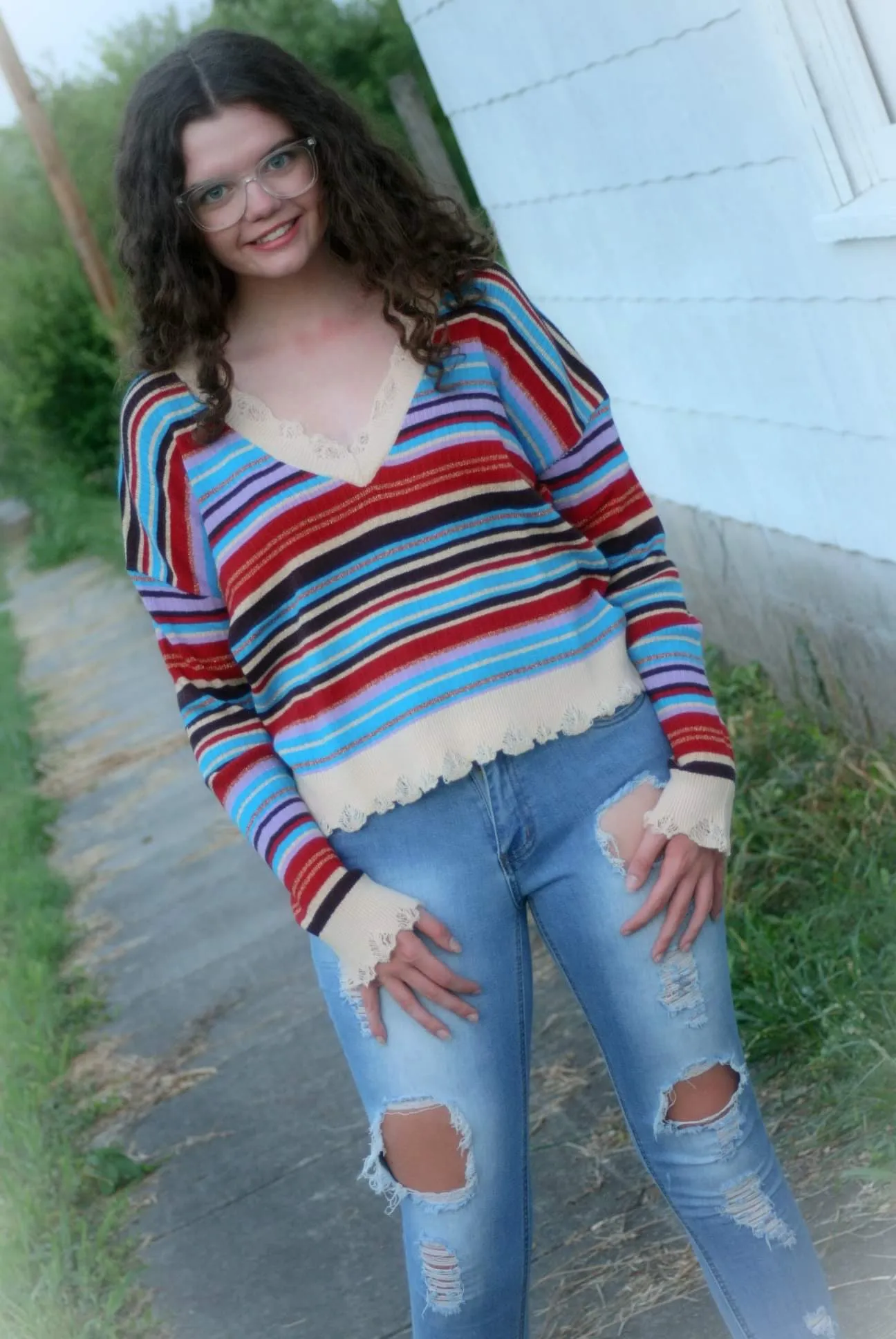 Striped Ribbed Distressed Sweater