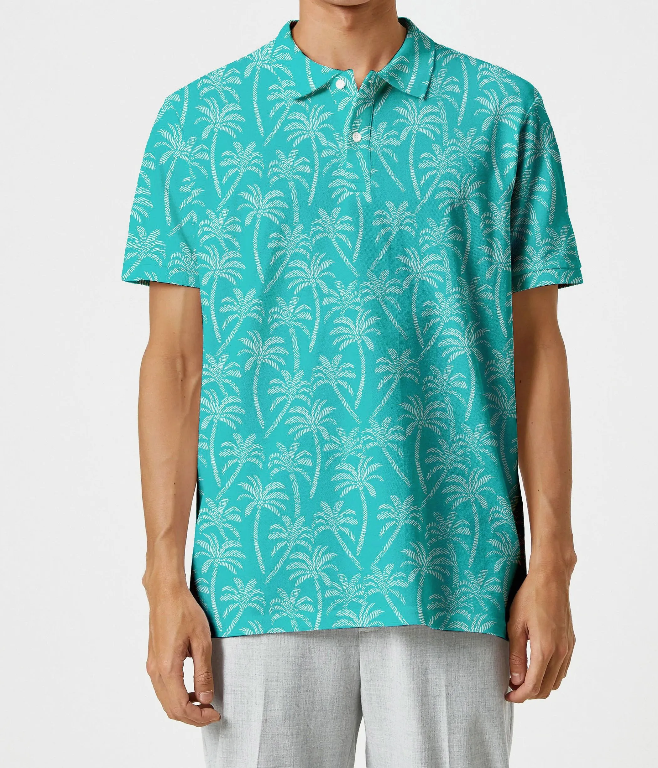 Teal Blue Allover Palm Tree Mens Polo Golf Shirt