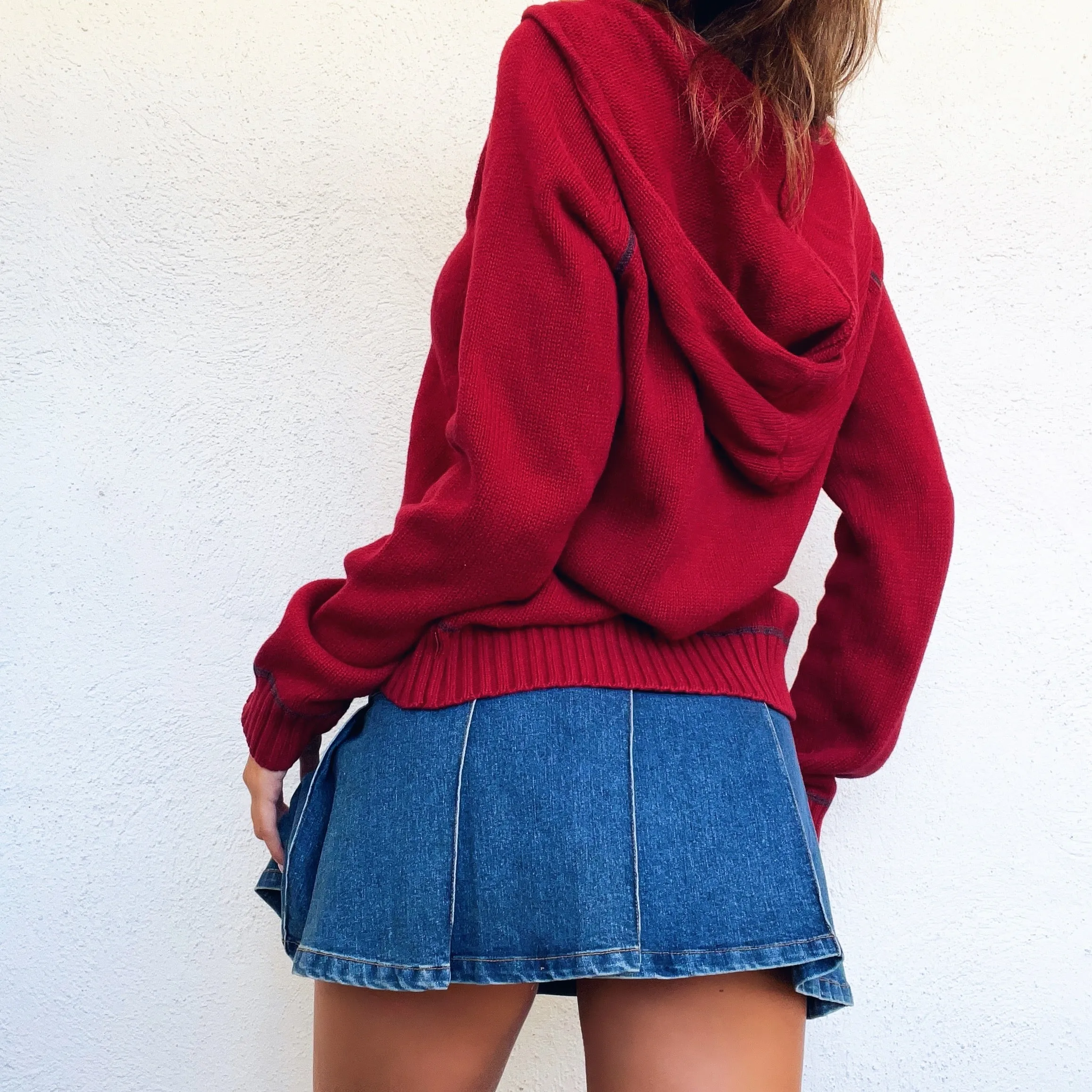 Vintage Red Knit Hooded Cardigan