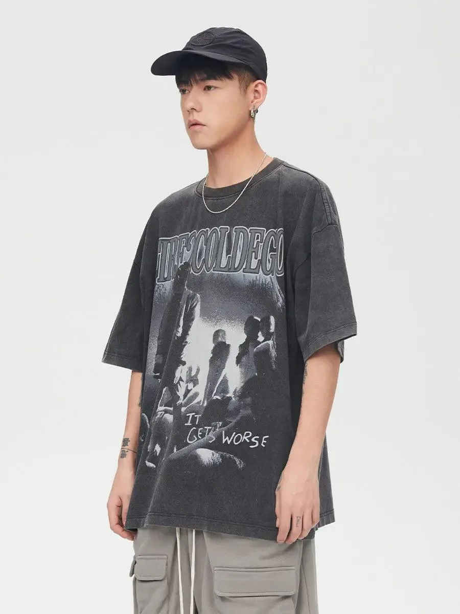 Vintage Washed Print Short Sleeve T-shirts