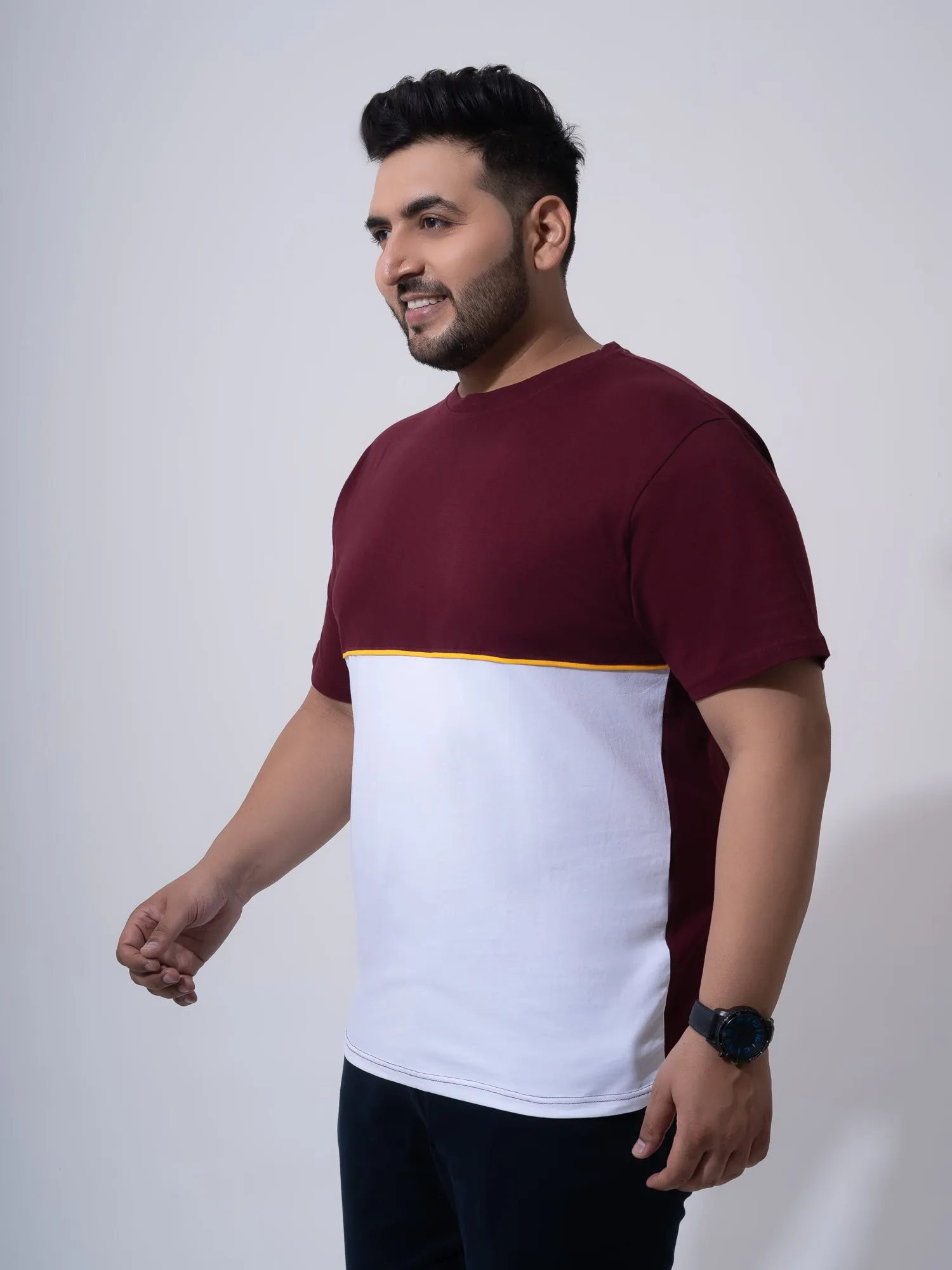 Wine with white yellow colourblock plus size t-shirt