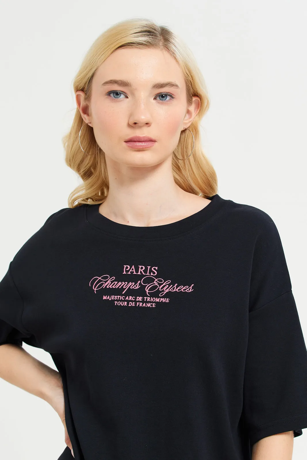 Women Black Embroidered Boxy T-Shirt