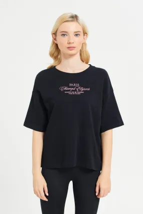 Women Black Embroidered Boxy T-Shirt