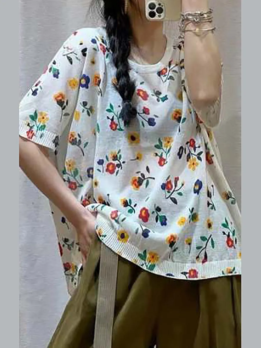 Women Casual Flower Summer Loose Pullover Shirt QW1027