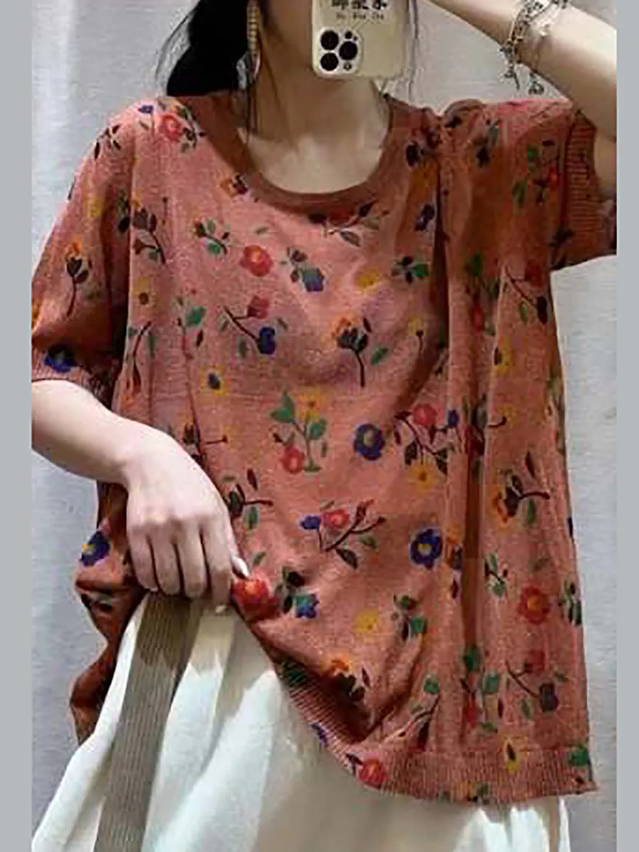 Women Casual Flower Summer Loose Pullover Shirt QW1027