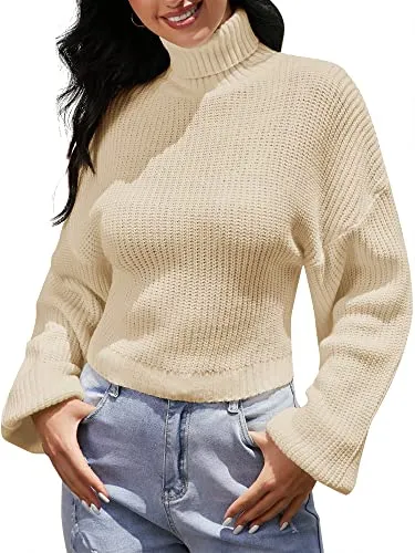 ZAFUL Women's Cropped Turtleneck Sweater Lantern Sleeve Ribbed Knit Pullover Sweater Jumper (2-Apricot, M)