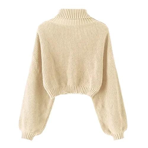 ZAFUL Women's Cropped Turtleneck Sweater Lantern Sleeve Ribbed Knit Pullover Sweater Jumper (2-Apricot, M)