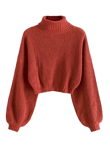 ZAFUL Women's Cropped Turtleneck Sweater Lantern Sleeve Ribbed Knit Pullover Sweater Jumper (2-Chestnut Red, M)