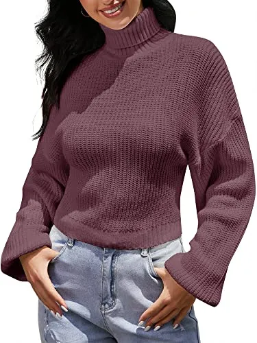 ZAFUL Women's Cropped Turtleneck Sweater Lantern Sleeve Ribbed Knit Pullover Sweater Jumper (2-Purple, M)