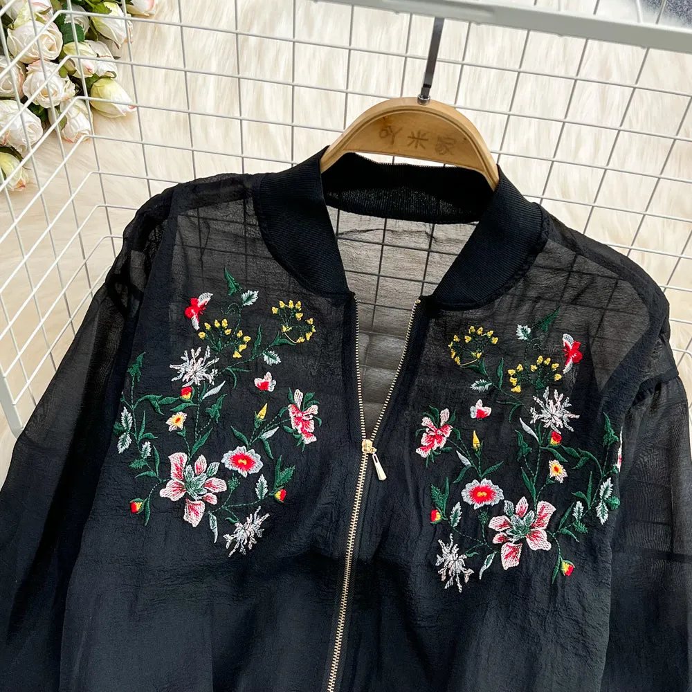 Zipped Embroidered Sun-protection Jacket