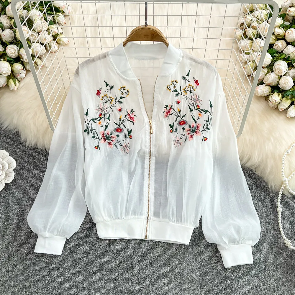 Zipped Embroidered Sun-protection Jacket