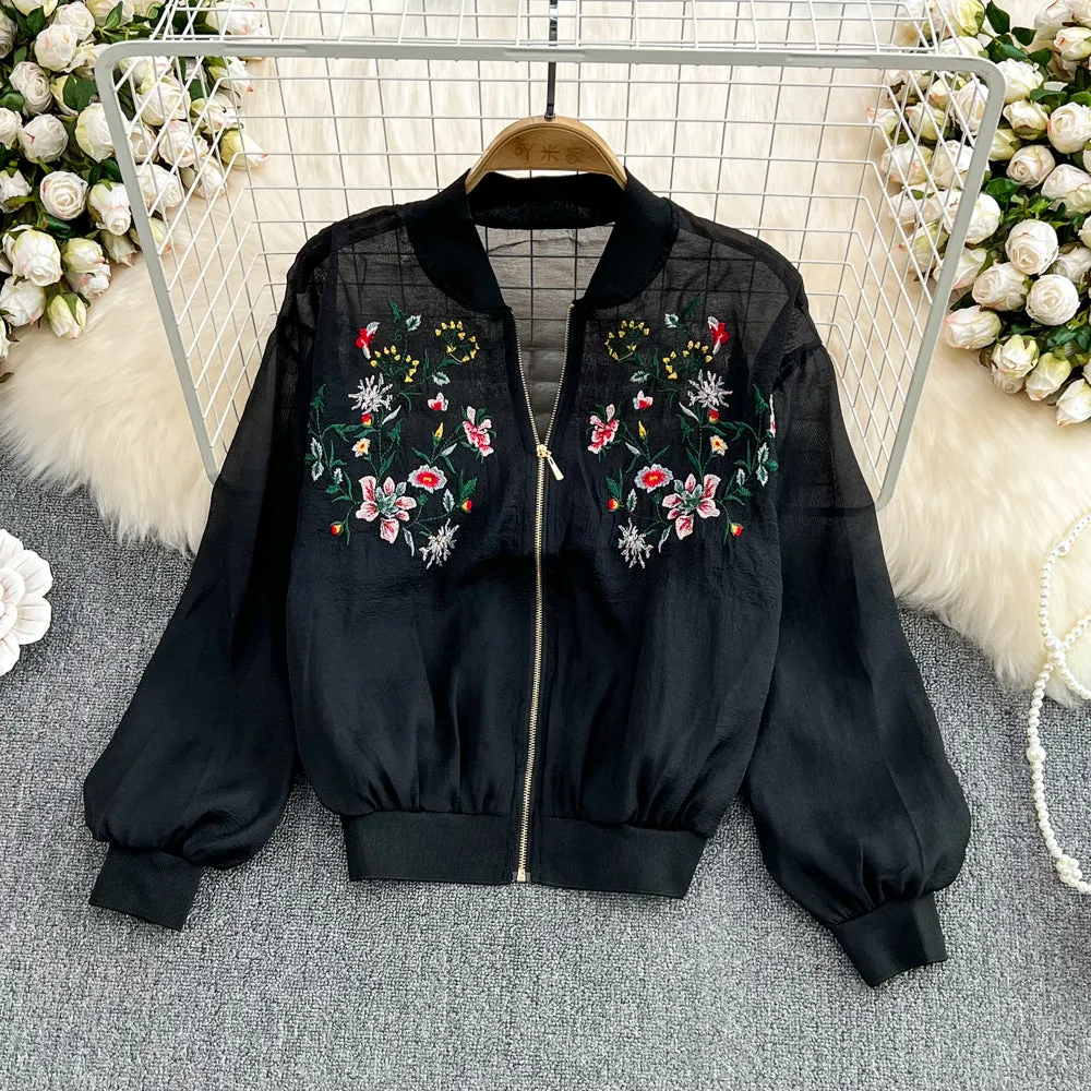 Zipped Embroidered Sun-protection Jacket